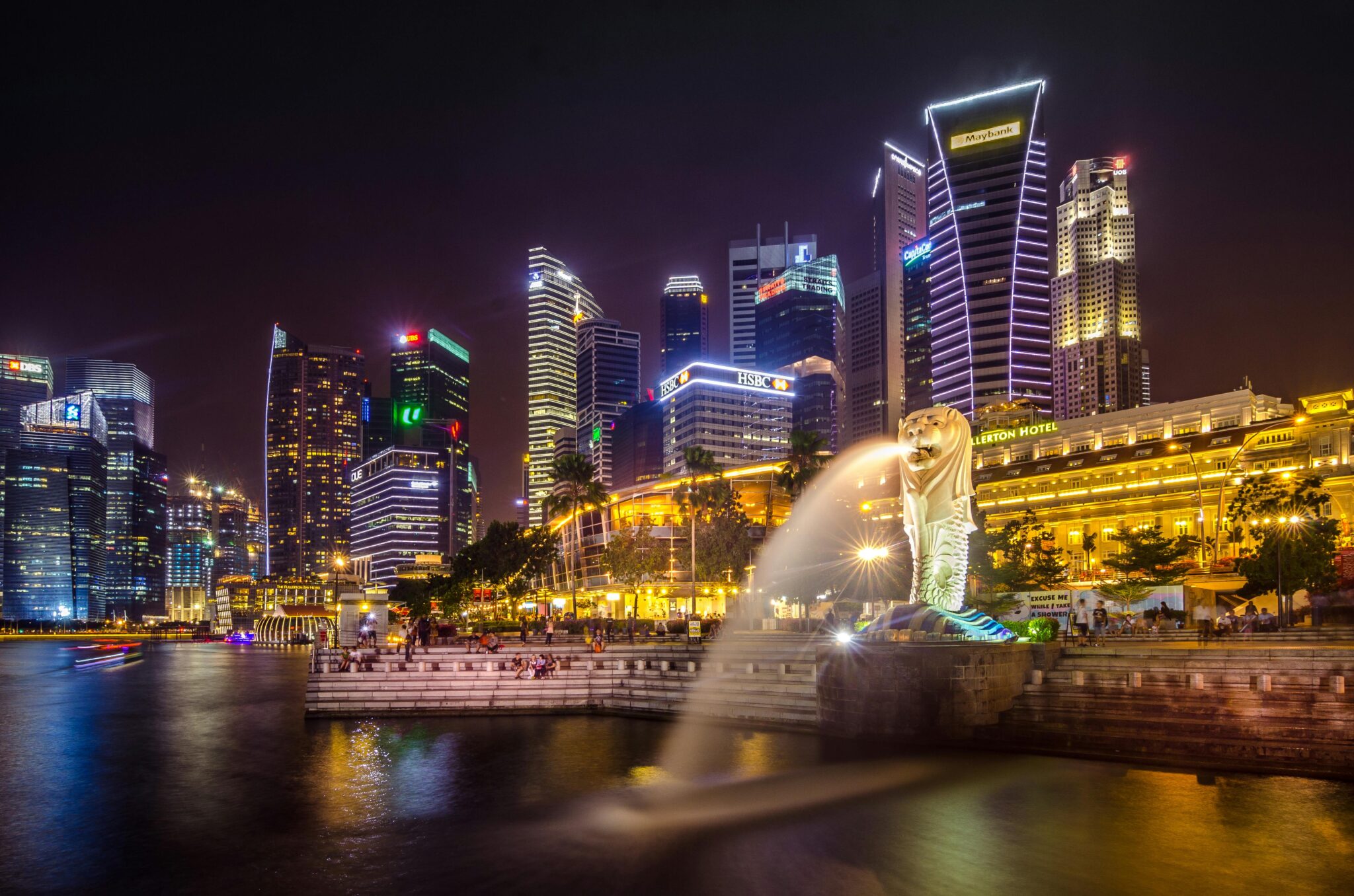 singapore merlion and skyline at night