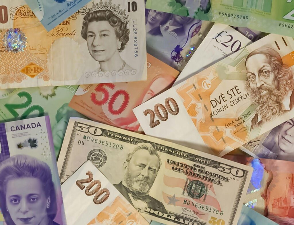 closeup of different world currencies